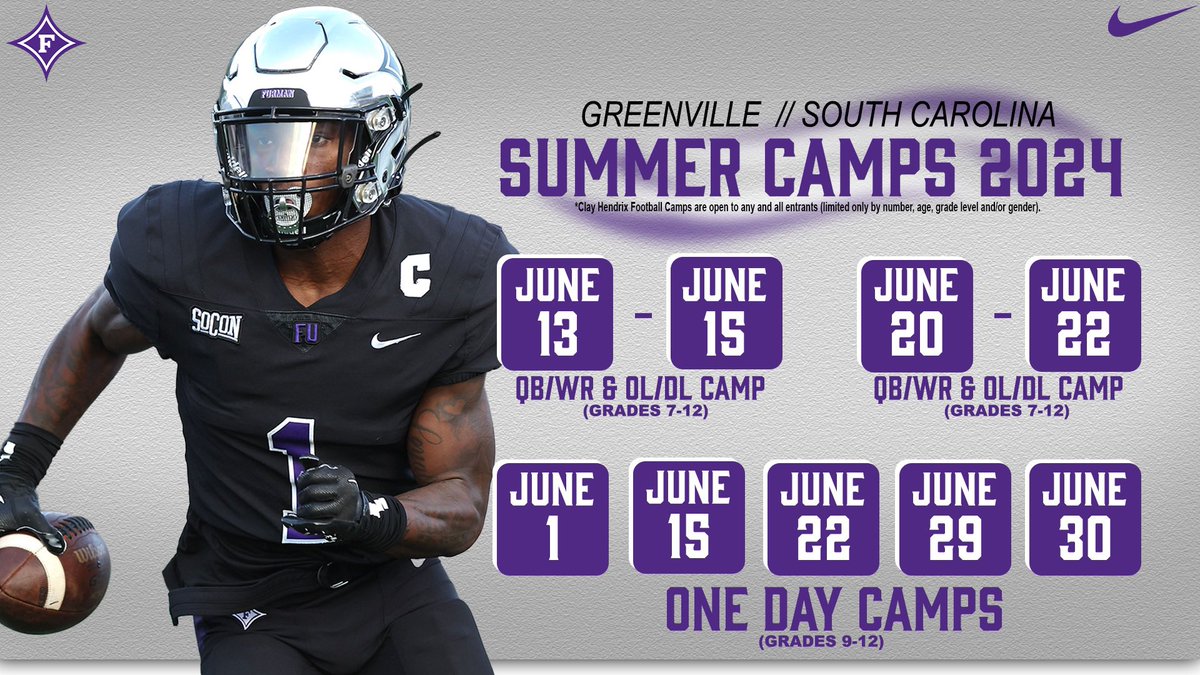 🚨CAMP REGISTRATION LINK BELOW🚨 Don’t miss your chance to camp in Greenville this summer. 🔗 furmanfootball.totalcamps.com/shop/EVENT