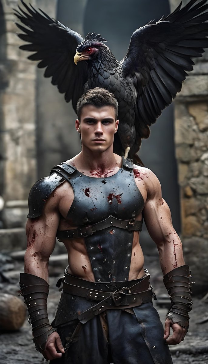 My best work of the day (thus far). Prompt: male, 25 yo, athletic, powerful, detailed face, full body, hipster haircut, realistic anatomy, warrior armour, chiseled muscles, medieval castle, vascular, oily, sweaty, battle dirty, wounded, scarred, pet bird of prey Neg: boring,