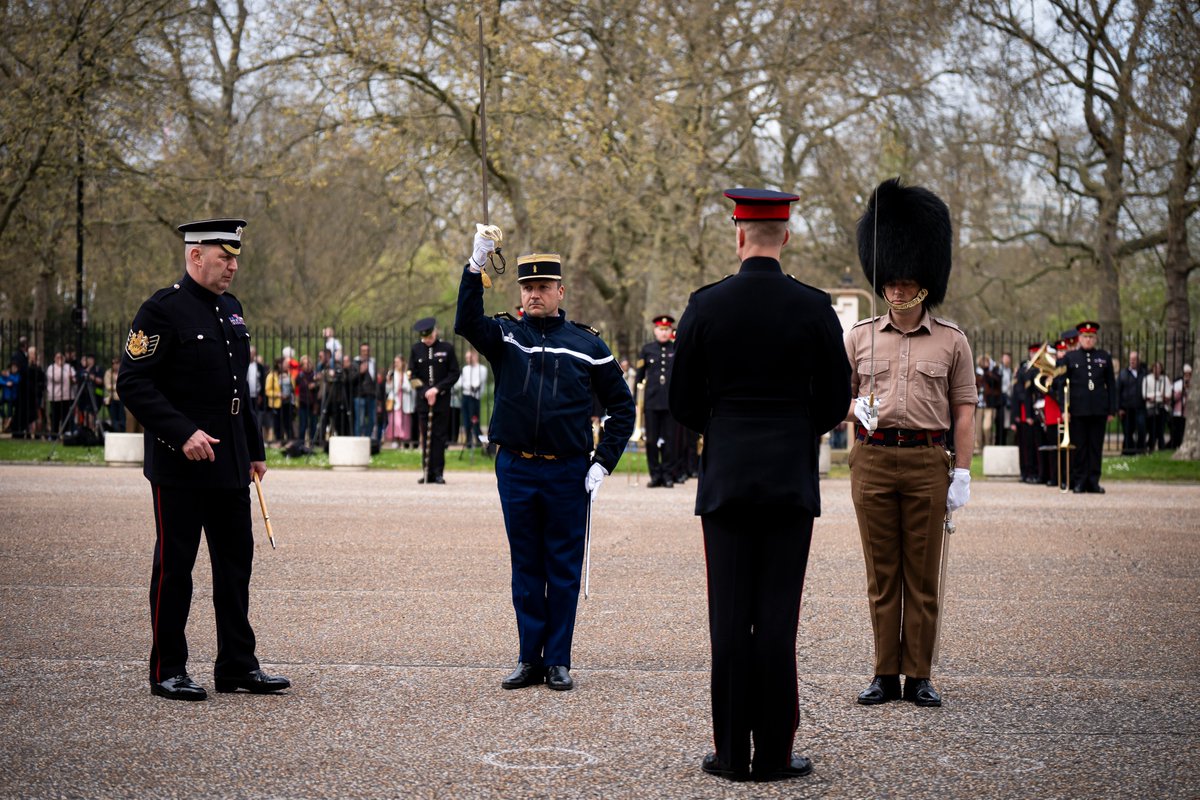 The Gendarmerie's Garde Republicaine and British Army's Scots Guards rehearse for Changing the Guard, at Wellington Barracks. France will become the first non-Commonwealth country to take part at Buckingham Palace, on April 8, for the 120th anniversary of the Entente Cordiale.