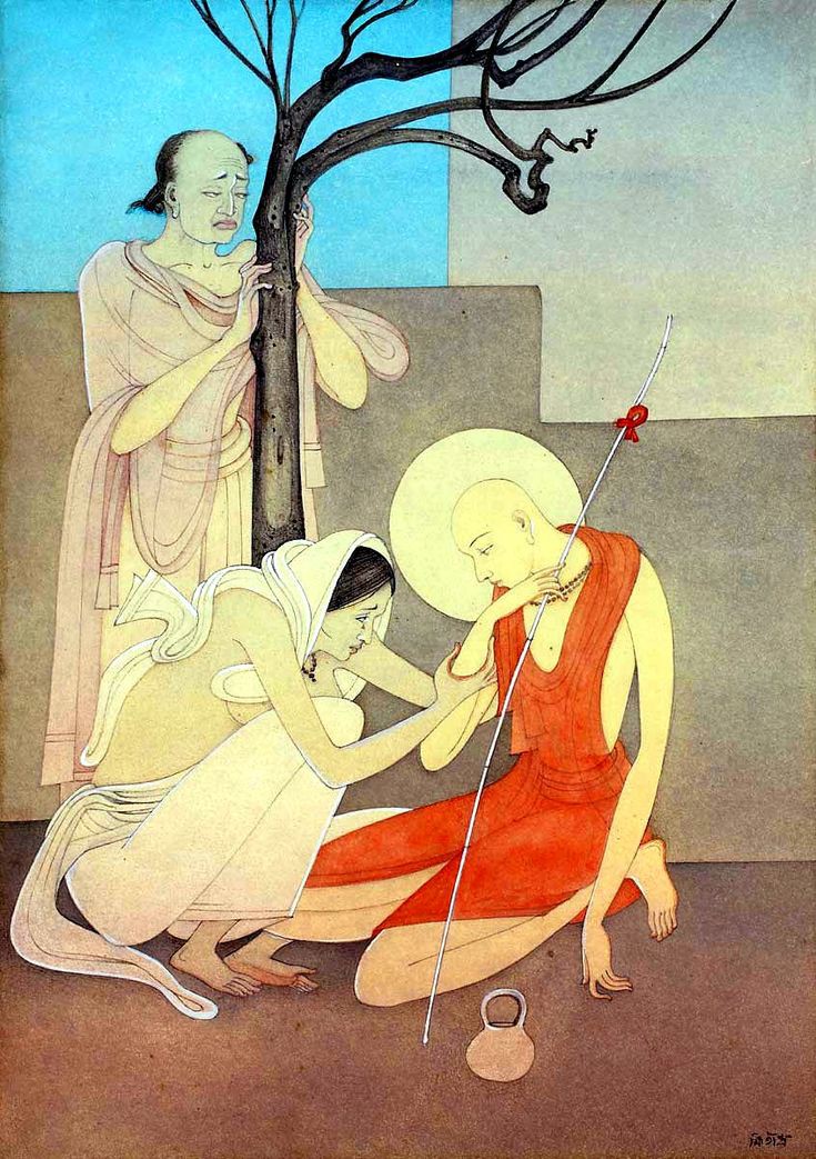 Sri Chaitanya embracing the path of sannyasa, accompanied by his devoted mother Saci, marks a poignant moment of spiritual transformation and familial support in his journey towards enlightenment. -Sri Chaitanya takes sannyasa, with his mother Saci, by Kshitindranath Majumdar.