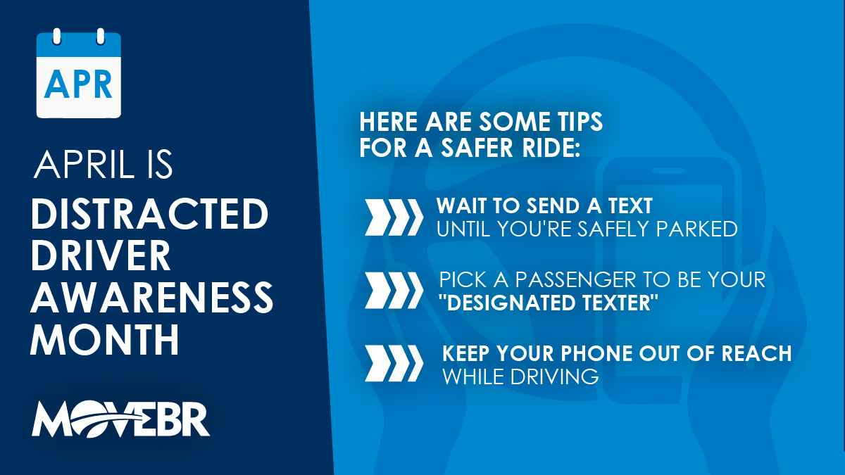 April is National Distracted Driving Awareness Month. Here are some tips for a safer ride: 🚗 Wait to send a text until you're safely parked 📱 Pick a passenger to be your 'designated texter' 📵 Keep your phone out of reach while driving #JustDrive More at bit.ly/3VMod0r