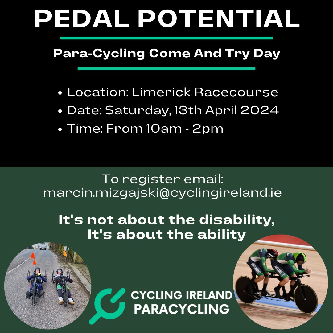 All are welcome to come along to Limerick Racecourse on Saturday 13th April for @CyclingIreland's Pedal Potential Come and Try Day from 10am-2pm. To register your interest in attending email marcin.mizgajski@cyclingireland.ie. #VisionSportsIRE | @Vision_Irl | @ParalympicsIRE