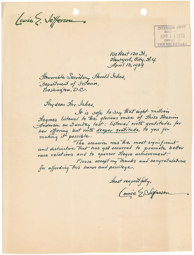 Letter from Louise E. Jefferson to Secretary Harold Ickes Regarding Marian Anderson's Concert catalog.archives.gov/id/594883