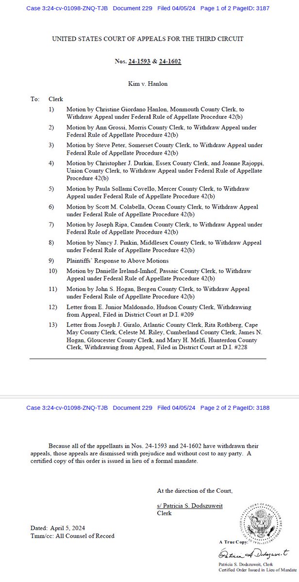 The Third Circuit Court of Appeal has officially dismissed all 18 of the Defendant-Clerk Appellants, with prejudice and without costs. Only the Intervenor-Defendant remains. Also, a 4.8 magnitude earthquake accompanied the Order. 👀#AbolishTheLine