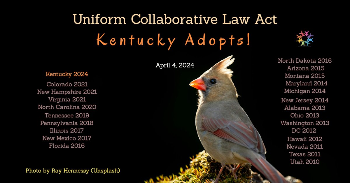 On Thursday, April 4, 2024, Kentucky became the 23rd state plus the District of Columbia to adopt by statute or rule the Uniform Collaborative Law Act. Florida adopted the Act in 2016. #uniformcollaborativelawact #collaborativelaw #collaborativedivorce