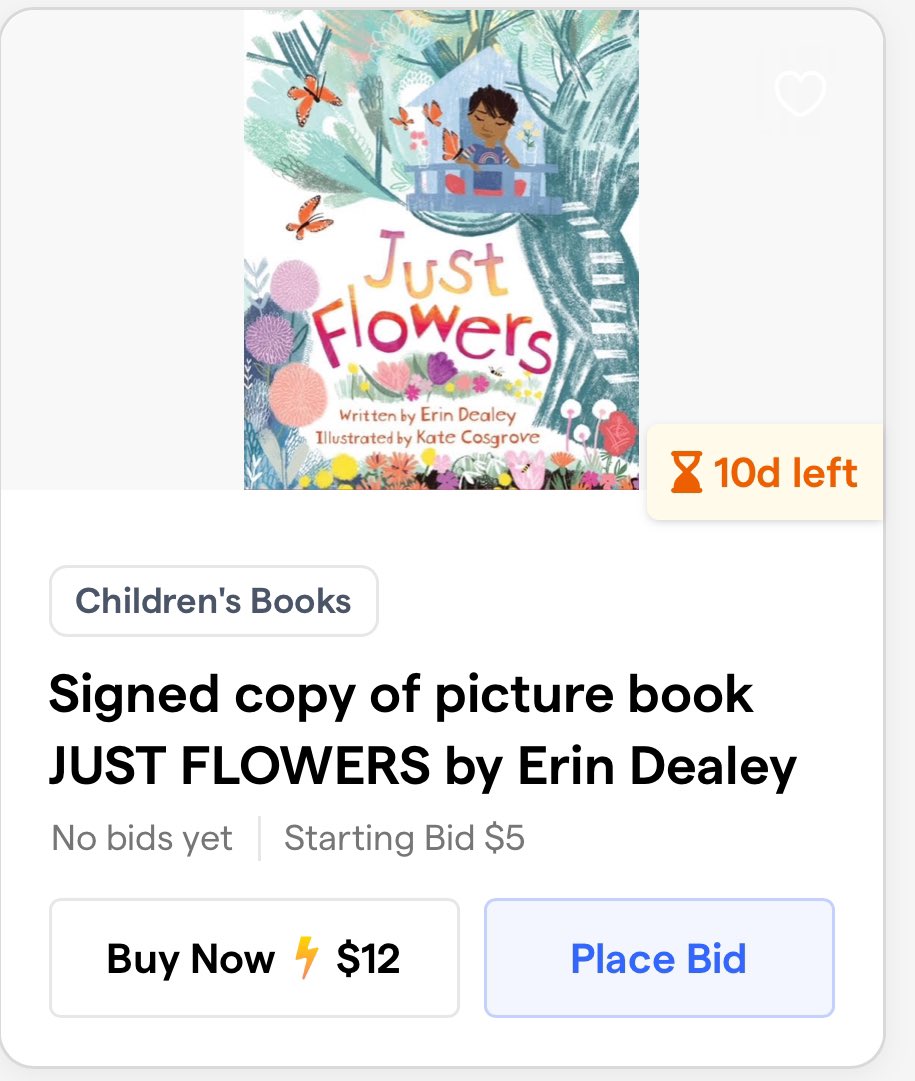 2nd Annual @MCChildsBookDay auction/fundraiser is LIVE! #kidlit #picturebook Ms. crit.— rhyme or prose. Bid or buy here: givebutter.com/c/fCzAyF/aucti… 📚💜 Signed copy of JUST FLOWERS, Illus. @K8_Cosgrove @SleepingBearBks Bid or buy: givebutter.com/c/fCzAyF/aucti… 🌸🦋