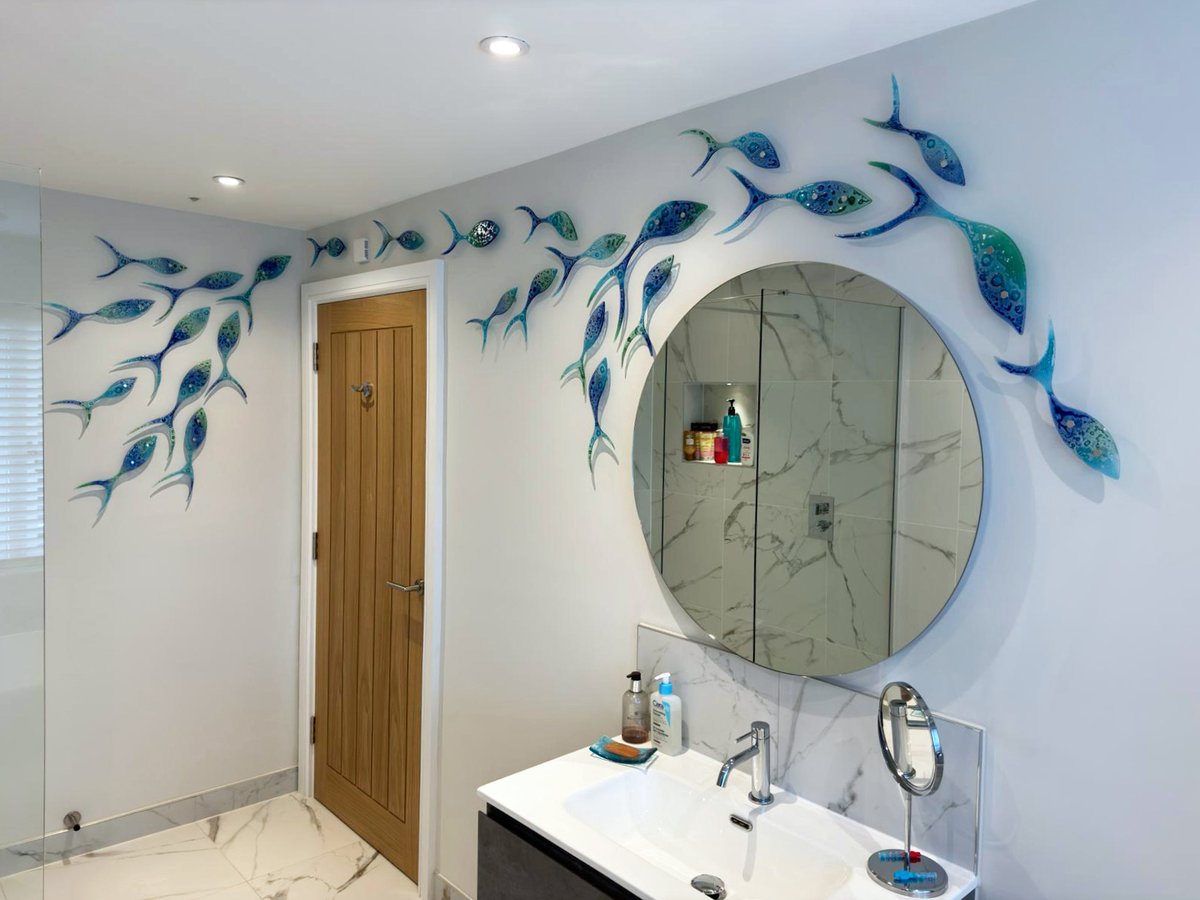 #saturday “I told myself that I was going to live the rest of my life as if it were Saturday.” - Chip Gaines A beautiful Shoaling Fish wall art installation, inspired by the marine blues and greens of the ocean, recently completed for this lovely home.