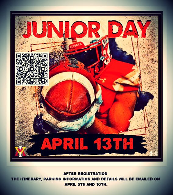 We have a big Junior Day coming up on Saturday, April 13th! Sign up by scanning the QR code. Come out for a day with VMI football and see everything going on!!! #VMIFootball #JuniorDay