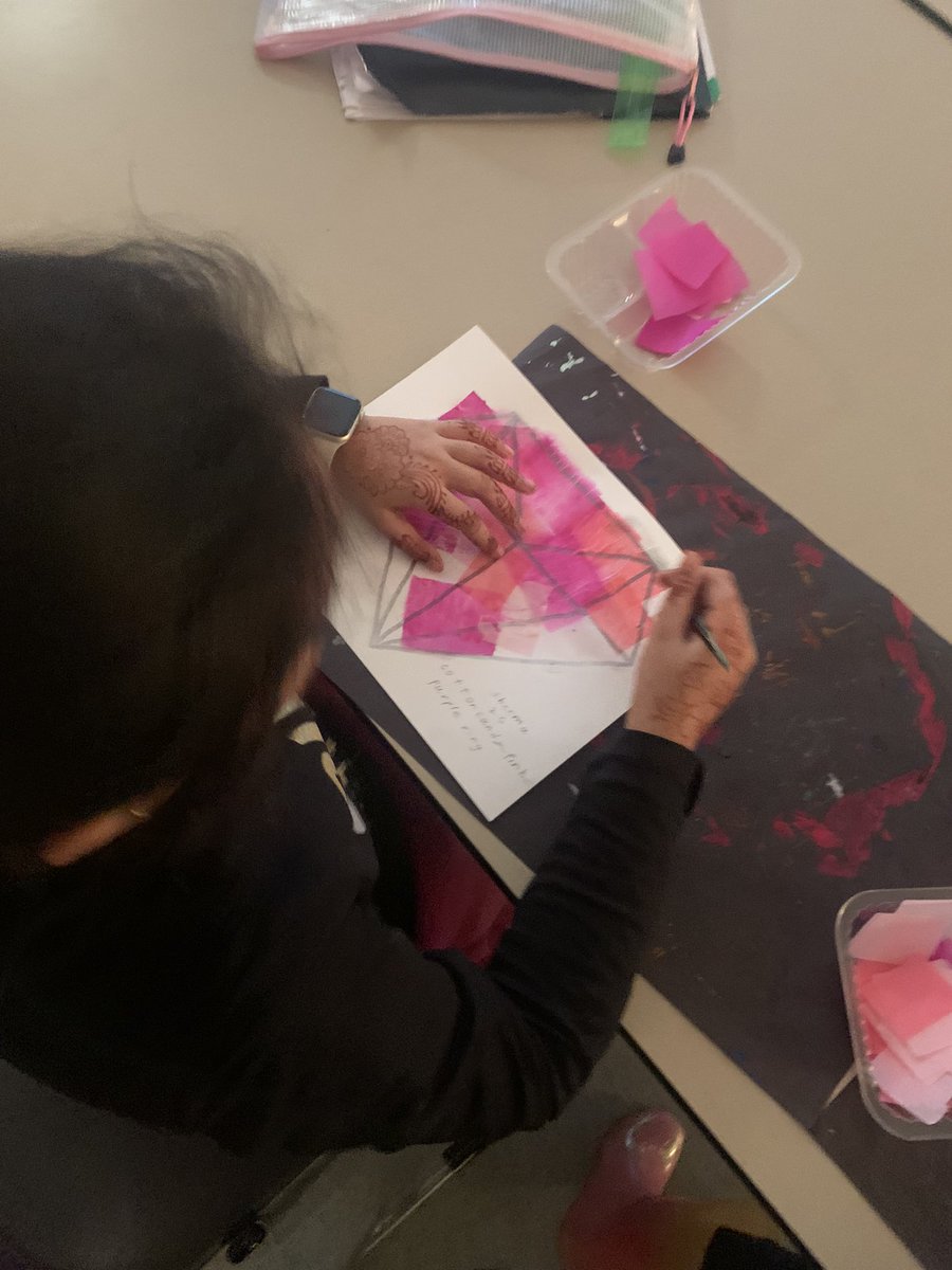 After we drew our gems, second graders used bleeding tissue paper to “paint” them! #ilbsd13 #leadlikeajaguar