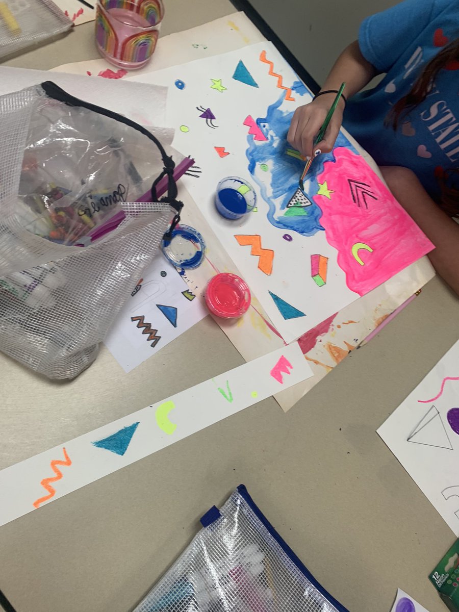 Fifth graders are adding a watercolor background to their oil pastel Memphis Designs! #ilbsd13 #leadlikeajaguar