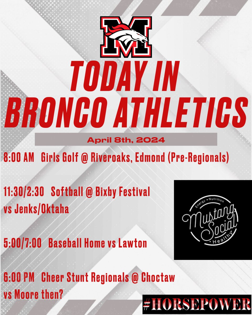 🐴Good luck to @CheerMustang at Regionals and @BaseballBroncos, @MustangBroncoSB and Golf in their competitions today! #GoBroncos #Horsepower @MustangSchools @MHS_Broncos @MHStheStable