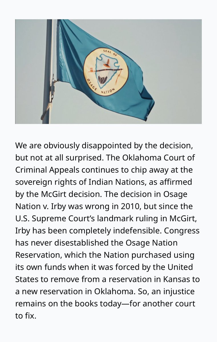 .@Osagenation ‘s response to yesterday’s decision in McCauley that said that the Osage Nation was disestablished