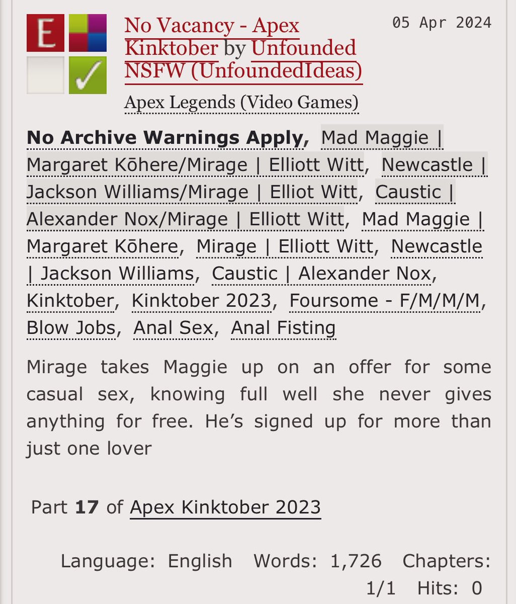 Neither Kinktober nor I are dead 🫡

Day 17: Mirage, Maggie, Newcastle, Caustic - moresome &amp; fisting  

archiveofourown.org/works/54982420