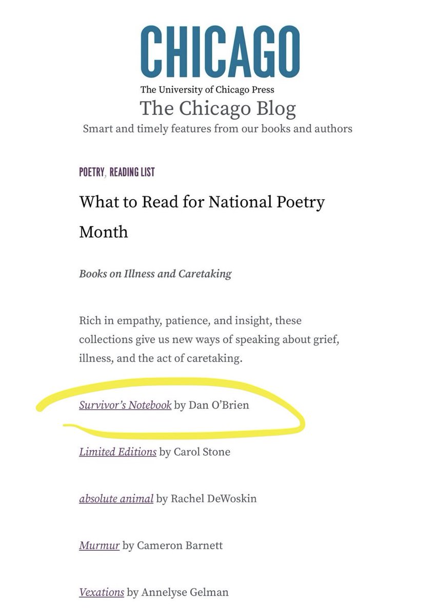 Thankful to @UChicagoPress for this recommendation of ‘Survivor’s Notebook’ (@acre_books) for National Poetry Month pressblog.uchicago.edu/2024/04/03/wha…