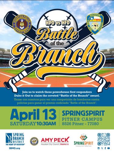 Join us on April 13th for the 3rd annual Battle of the Branch @HoustonFire v @houstonpolice softball game! Food, activities, and more! Meet with HPD and HFD, and support @springspirit!