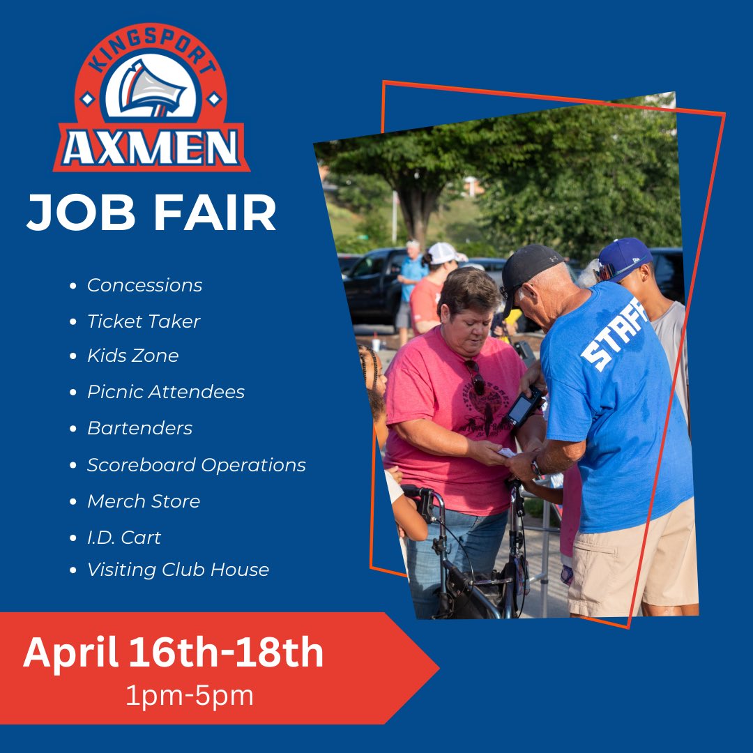 The Axmen are hosting a job fair at Hunter Wright Stadium April 16th-18th! Come in anytime between 1pm-5pm to hear more about our job opportunities for the upcoming 2024 season!