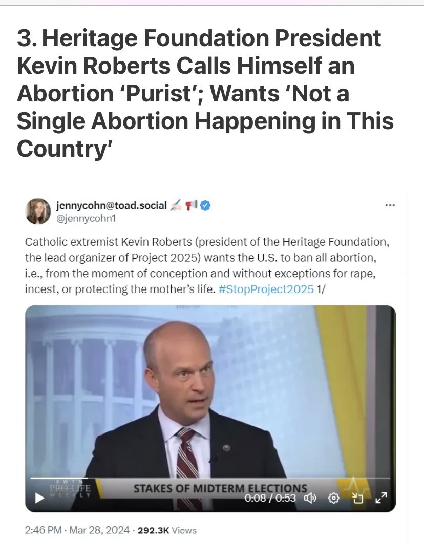 “Heritage Foundation President Kevin Roberts Calls Himself an Abortion ‘Purist’; Wants ‘Not a Single Abortion Happening in This Country’” (Heritage is the lead organizer of Project 2025) #Crow #StopProject2025 1/ crownewsletter.substack.com/p/christian-ri…