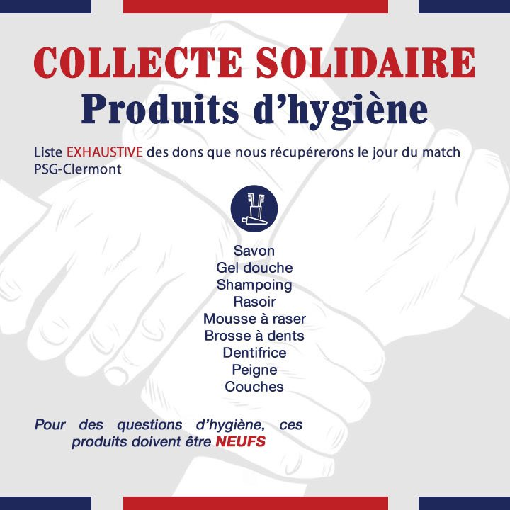 Demain de 15h à 20h au 1er point de contrôle côté Virage Auteuil, vous pouvez apporter ces produits (neufs) au @CupSolidarite pour qu'ils constituent des kits d'hygiène pour leurs maraudes du jeudi 👇