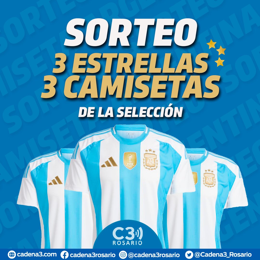 REGALAMOS OTRA CAMISETA DE LA SELECCIÓN ⚽👏
Dale, campeón 🏆: tres estrellas ⭐️⭐️⭐️, tres camisetas, tres ganadores

¿Cómo participar? ⏬
- Seguínos y dale RT!
- Mencioná a tus 3 amigos/as más fanáticos de los campeones del mundo! 🇦🇷

SORTEAMOS: 12 y 19 de abril! 📻