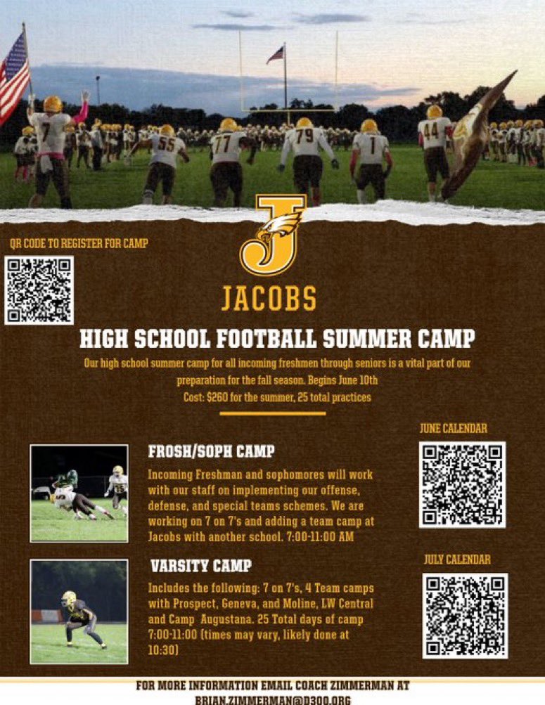 High School Summer Camp information! Link to June and July Calendar in the flyer along with QR Code to register. We begin June 10th! @Wr86Zimm @LukeGormsen @PrinceSarn71111 @HDJ_Athletics @JacobsHighS @TOBoddie @MattScardina @CadenDuMelle_ @jakes3458