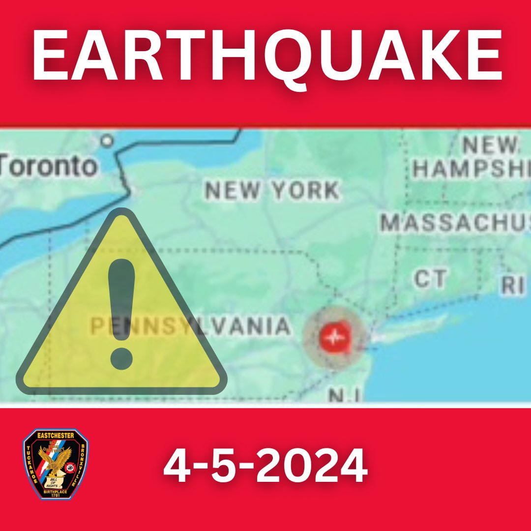 EastchesterFD's tweet photo. Earthquake : the USGS reports an earthquake rattled New Jersey, Pennsylvania, and Delaware. The preliminary 4.8 magnitude quake originated near Lebanon, New Jersey.

Please reserve 9-1-1 for Police, Fire and Medical emergencies or to report any sort of serious damage https://t.co/soSOtFZGOS