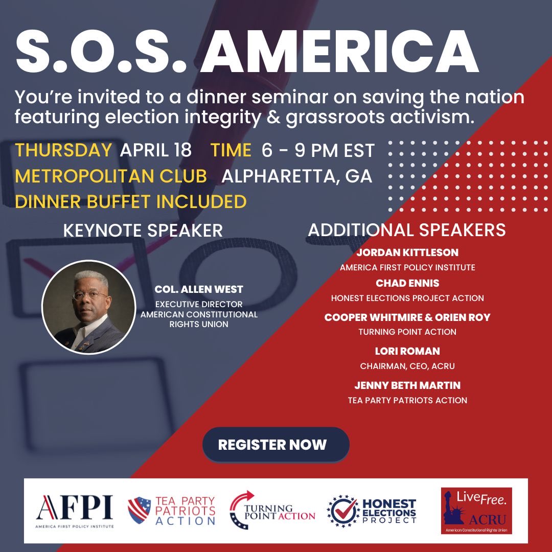 I hope to see you at our upcoming dinner event focused on restoring real election integrity and how you can play a vital role - @AllenWest. We’re honored to share the stage with our partners @A1Policy, @A1Policy_GA, @honestelections and @TPAction_ events.theacru.org/saving-the-nat…
