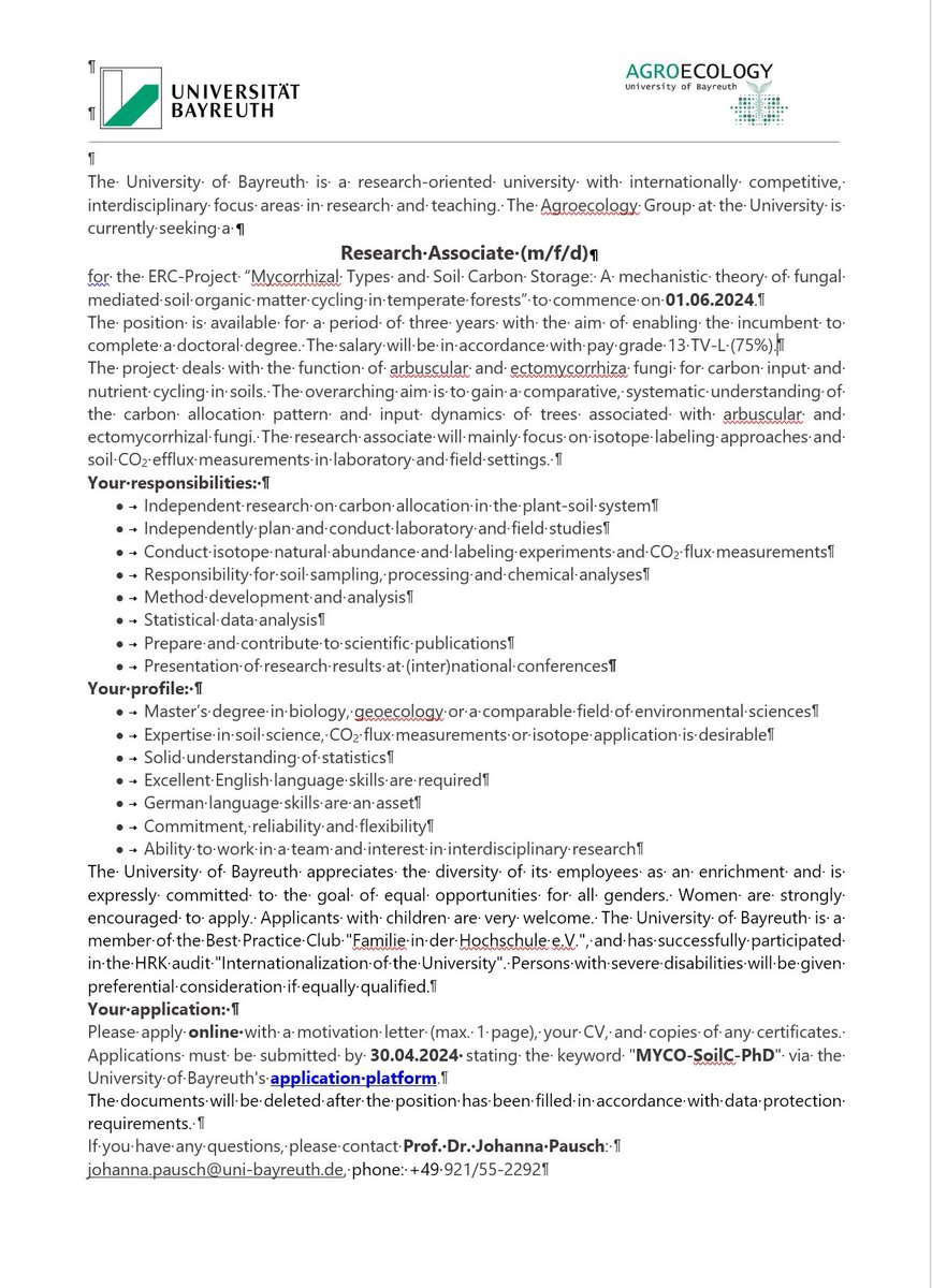 If you are interested in "mycorrhizal fungi and soil carbon storage" and would like to do your PhD in an active research team. 
Please check the link below and apply before 30.04.2024
uni-bayreuth.de/job-vacancy-ke…