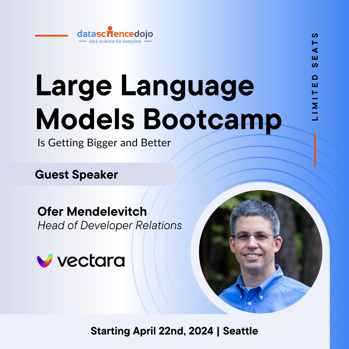 🔴 We're excited to collaborate with Vectara for our upcoming LLM Bootcamp in Seattle.

Vectara offers a simple RAG-in-a-box solution, designed to simplify the development process of RAG-powered applications.

Discover more about the bootcamp:
hubs.la/Q02rY_YM0

#llmdojo