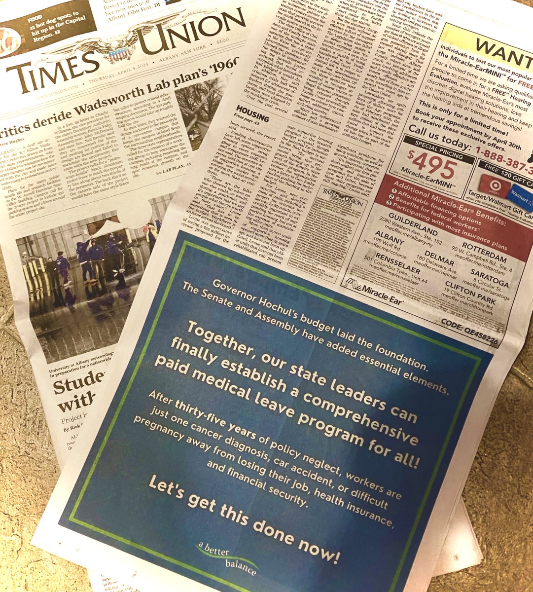 We ran an ad in the Albany Times Union calling on @GovKathyHochul @AndreaSCousins @CarlHeastie to bring a strong paid medical leave program for New Yorkers across the finish line in the budget. Together we can make this happen!