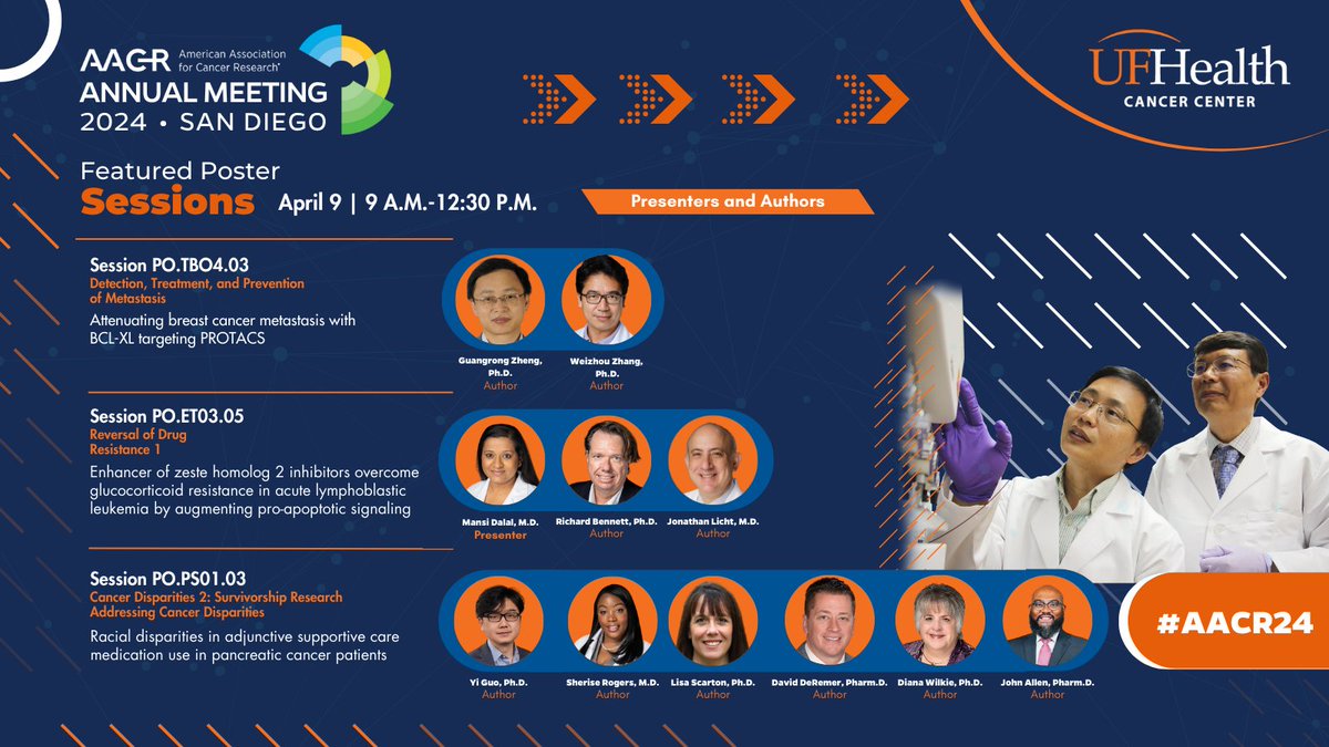 UF Health Cancer Center researchers will present their latest research on breast cancer, ALL and pancreatic #cancer today at the <a href="/AACR/">AACR</a> Annual Meeting. #AACR24

Check out highlights below &amp; see the full list of <a href="/UF/">FLORIDA</a> presentations: go.ufl.edu/eklwyw6