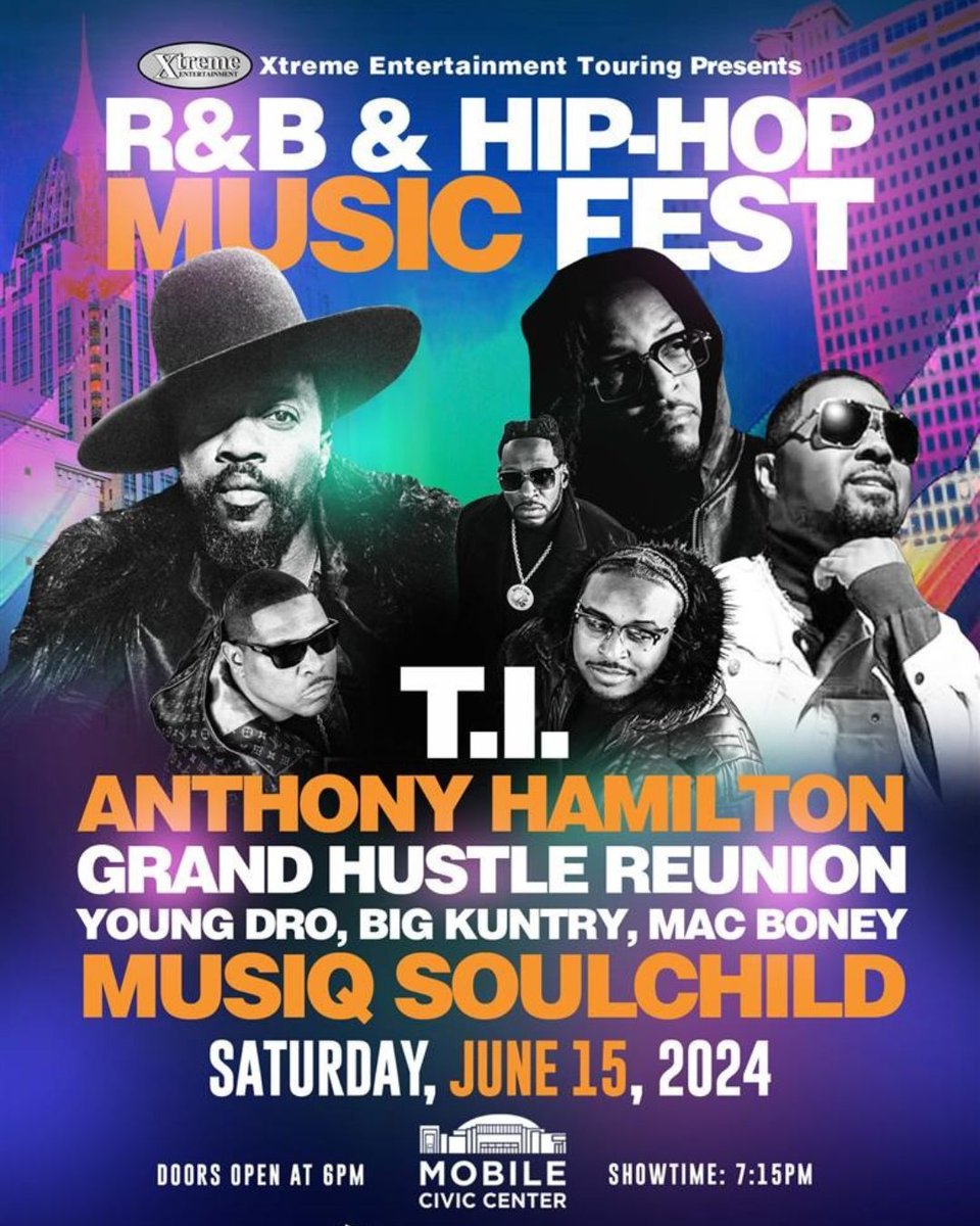 Get your seats for the R&B & Hip Hop Fest with T.I. + Anthony Hamilton & Friends + Musiq Soulchild now at the box office or bit.ly/hiphop24 #MobileAlabama #MobileAL #MobileCounty #BaldwinCounty #GulfCoast #DowntownMobile #Pensacola #Biloxi