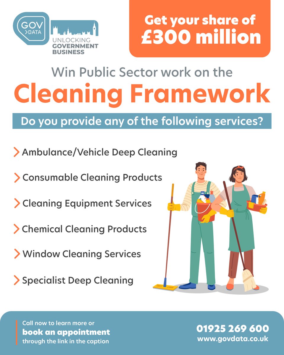 GovData Ltd (@govdataltd) on Twitter photo If your business provides cleaning services, don't miss out on the £300m NHS SBS Cleaning Framework!
Book your free Discovery Call today: outlook.office365.com/book/Discovery….
Alternatively, you can contact us on 01925 269600 or email winbusiness@govdata.co.uk.
#publicsector #frameworks If your business provides cleaning services, don't miss out on the £300m NHS SBS Cleaning Framework!
Book your free Discovery Call today: outlook.office365.com/book/Discovery….
Alternatively, you can contact us on 01925 269600 or email winbusiness@govdata.co.uk.
#publicsector #frameworks