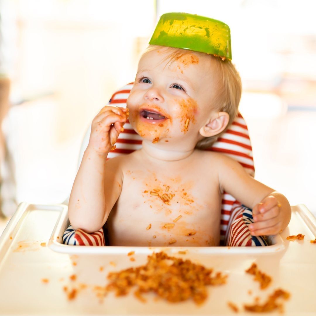 Meal times may be messy with babies, but letting them get involved in eating is important. Try to stay relaxed and enjoy meals with your baby, remembering that some days they will eat more, and some days less. Rejecting something you have made especially for them is not personal!