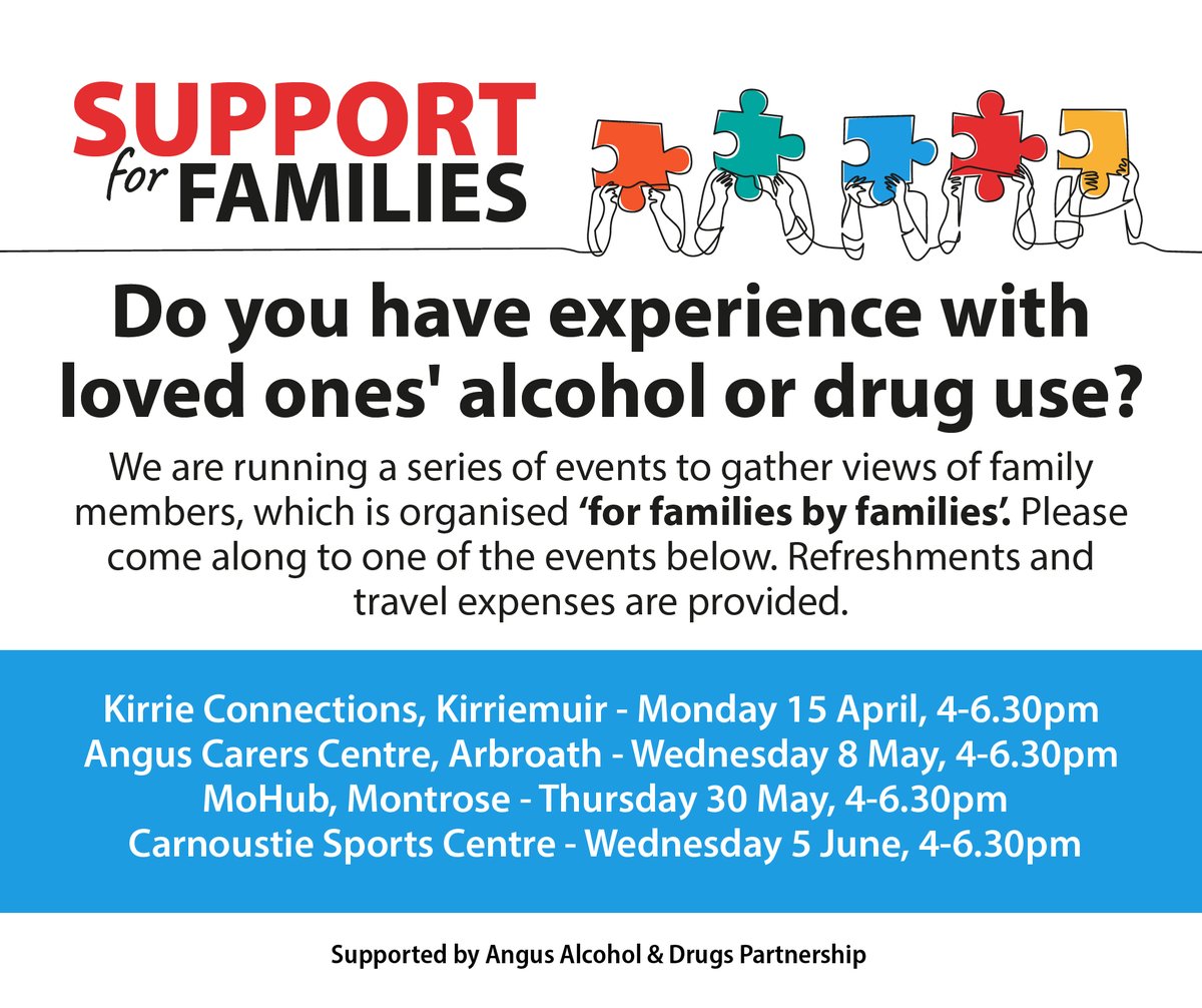 Is your life affected by somebody else’s alcohol or drug use? We're running a series of events for families in Angus to share what support is currently available & to find out what else is needed. Please come along to one of the events. No booking required. #SupportForFamiles