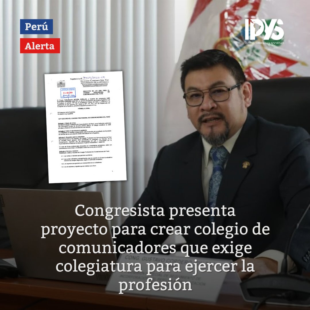 🚨 #ALERTA Congresista presenta proyecto para crear colegio de comunicadores que exige colegiatura para ejercer la profesión. 👉Lee más aquí: bit.ly/4aqtsaC #LibertadDeExpresión #Peru #Congreso
