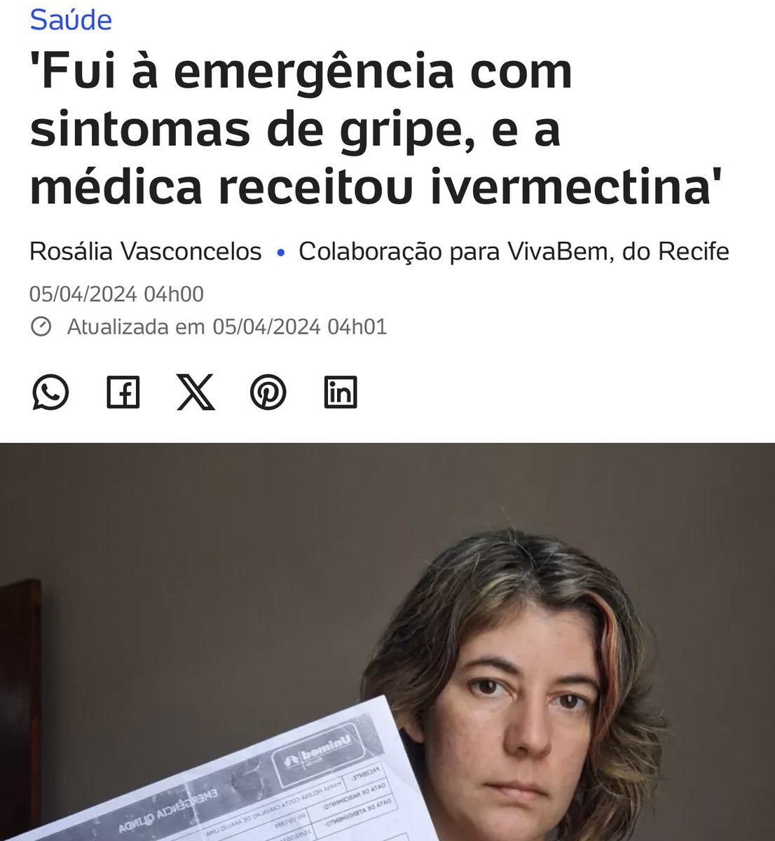 Agora ivermectina é antiviral. Isso deveria ser crime. “Durante a consulta na emergência, a médica analisou a garganta de Maria Helena e 'foi logo receitando o medicamento ivermectina', segundo a professora. A justificativa foi de que era um remédio antiviral.”