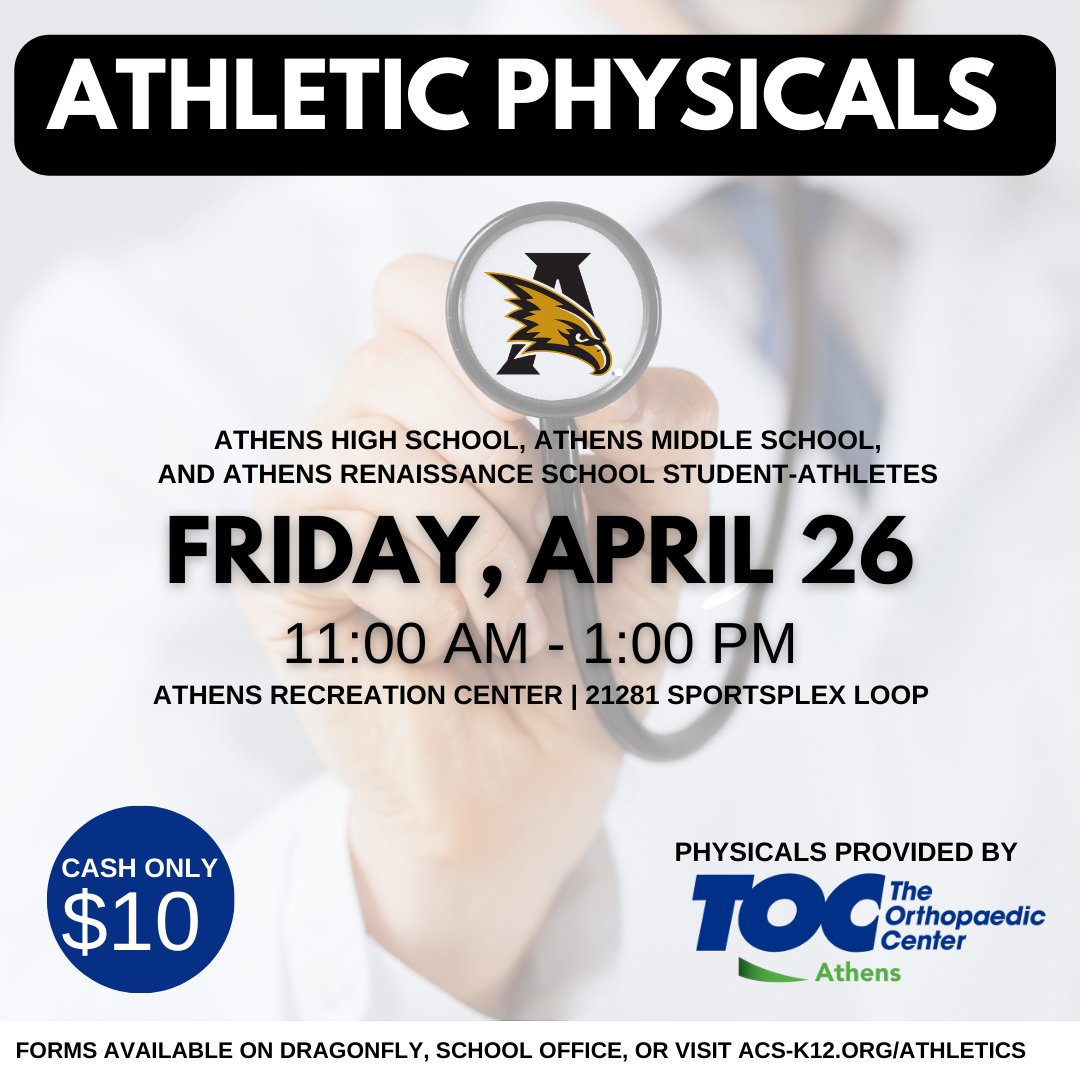 TOC will offer sports physicals for ACS student-athletes on Friday, April 26, from 11AM - 1PM at the Athens Recreation Center. Athletes will need an AHSAA Preparticipation Physical Evaluation Form. Forms are available at acs-k12.org/athletics, DragonFly Max, and school office.