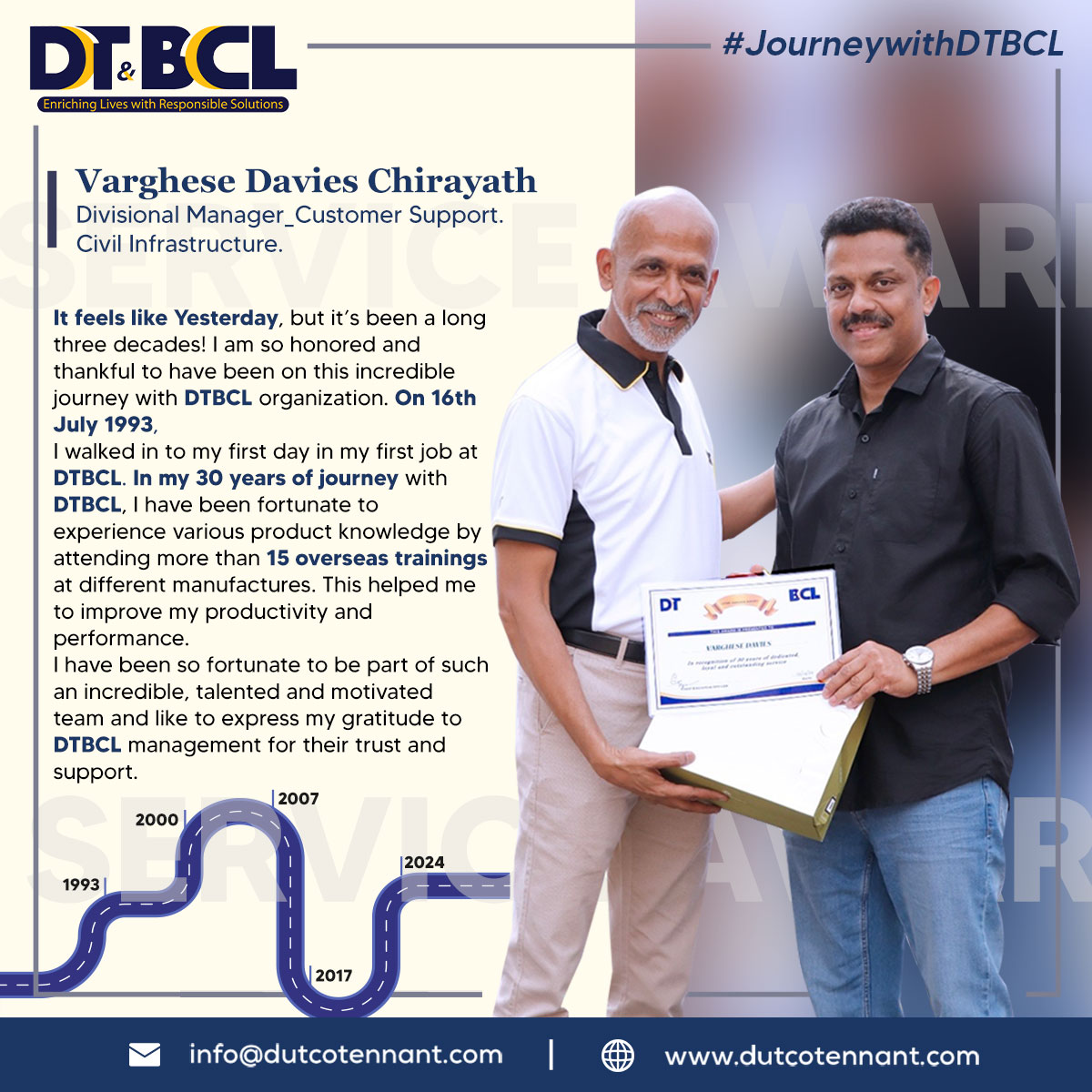 Congratulations VARGHESE on your remarkable 30-year journey with us !!

#employeeachievement #employeeappreciation #celebratingexcellence #employeerecognition #workculture #DutcoTennantLLC #DTBCL