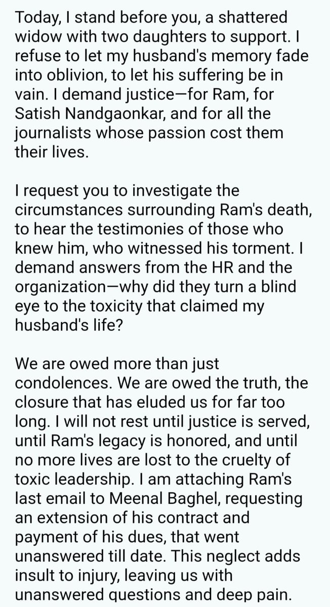 ..and now, the wife of Ram Parmar, another journalistic victim of the toxic editor of @htTweets writes a letter. The torture started at Mumbai Mirror and ended in HT finally taking his life. Over a month, no real investigation and HT management has zero interest in sacking the