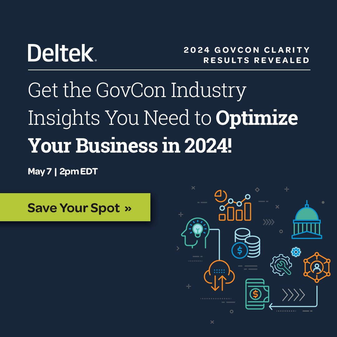 [Webinar] Get ahead of the competition with fresh #GovCon industry insights! Join us on 5/7 for a sneak peek at the results of the 2024 #DeltekClarity Government Contracting Industry Study. Sign up today: event.on24.com/wcc/r/4495075/…