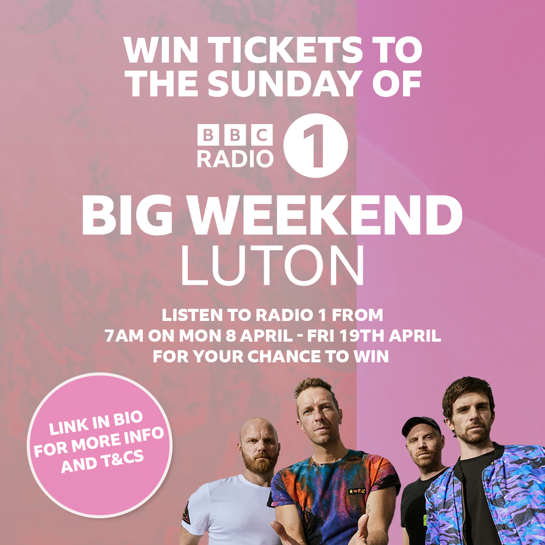 Do you want to be at the Sunday of Big Weekend in Luton featuring headliners @coldplay? 🌙 For your chance to win tickets listen to Radio 1 from Monday 8th – Friday 19th April ✨ Click here for more info, terms and privacy: bbc.in/4aL7Oh1