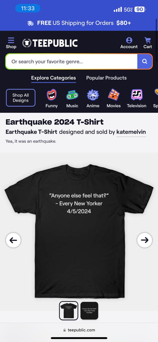 Artists on TeePublic are known for uploading new art the *second* a newsworthy event happens. Today's 4.7 earthquake in the tristate area was no exception! 🌍️ 🫨⁠ ⁠ Stay safe out there, east coast! Shop the shirt here: teepublic.com/t-shirt/590863…