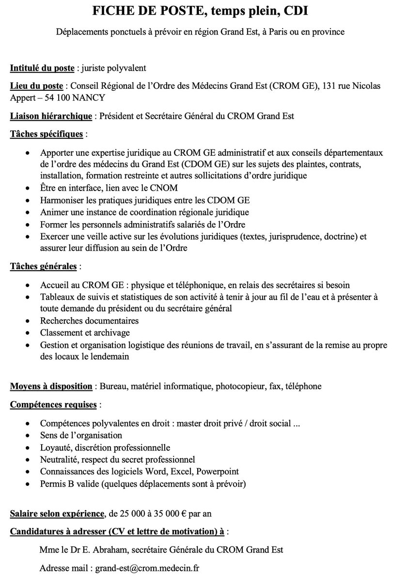 Le conseil régional de l’ordre des médecins grand Est (CROM GE) recherche un juriste polyvalent. 😎