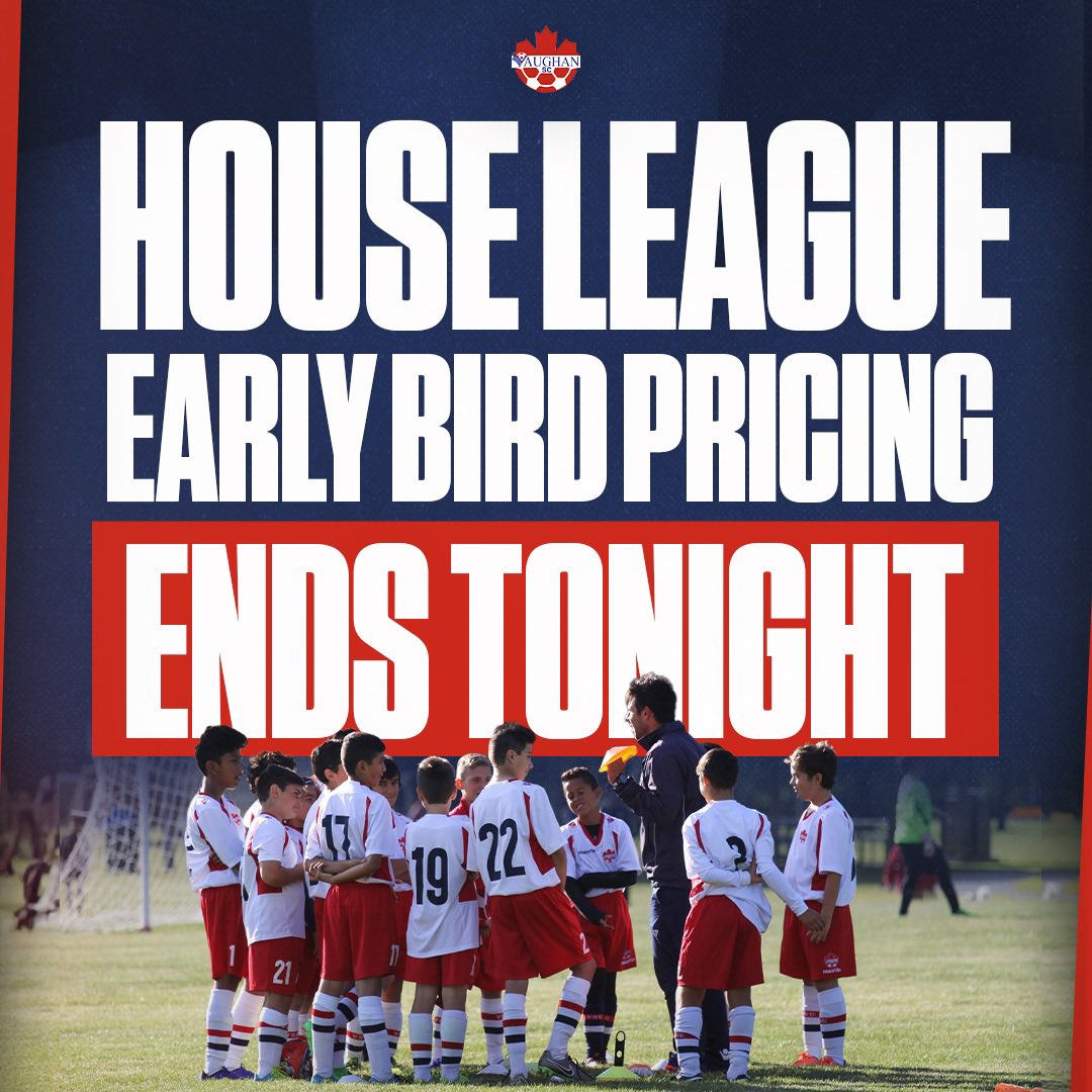 Our summer house league early bird pricing ENDS TONIGHT! 🚨 Register now to take advantage of our early bird pricing and secure your spot in our exciting program! 🚨 Boys and Girls U3 to U18 are welcome! ⚽ Visit vaughansoccer.com/2020/03/12/hou… to learn more!  #WeAreVSC #HouseLeague