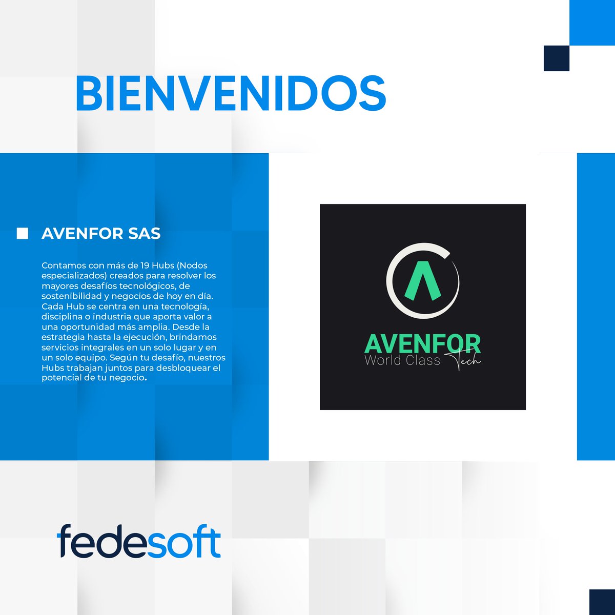 ¡Fedesoft continúa creciendo! 🫶🏻

Con profundo orgullo le damos la bienvenida a tres compañías maravillosas con las que desde ahora trabajaremos de la mano para seguir construyendo una #ColombiaOrigenDeSoftware🇨🇴🚀
@NYCE_MX  
SmartJob
@AvenFor