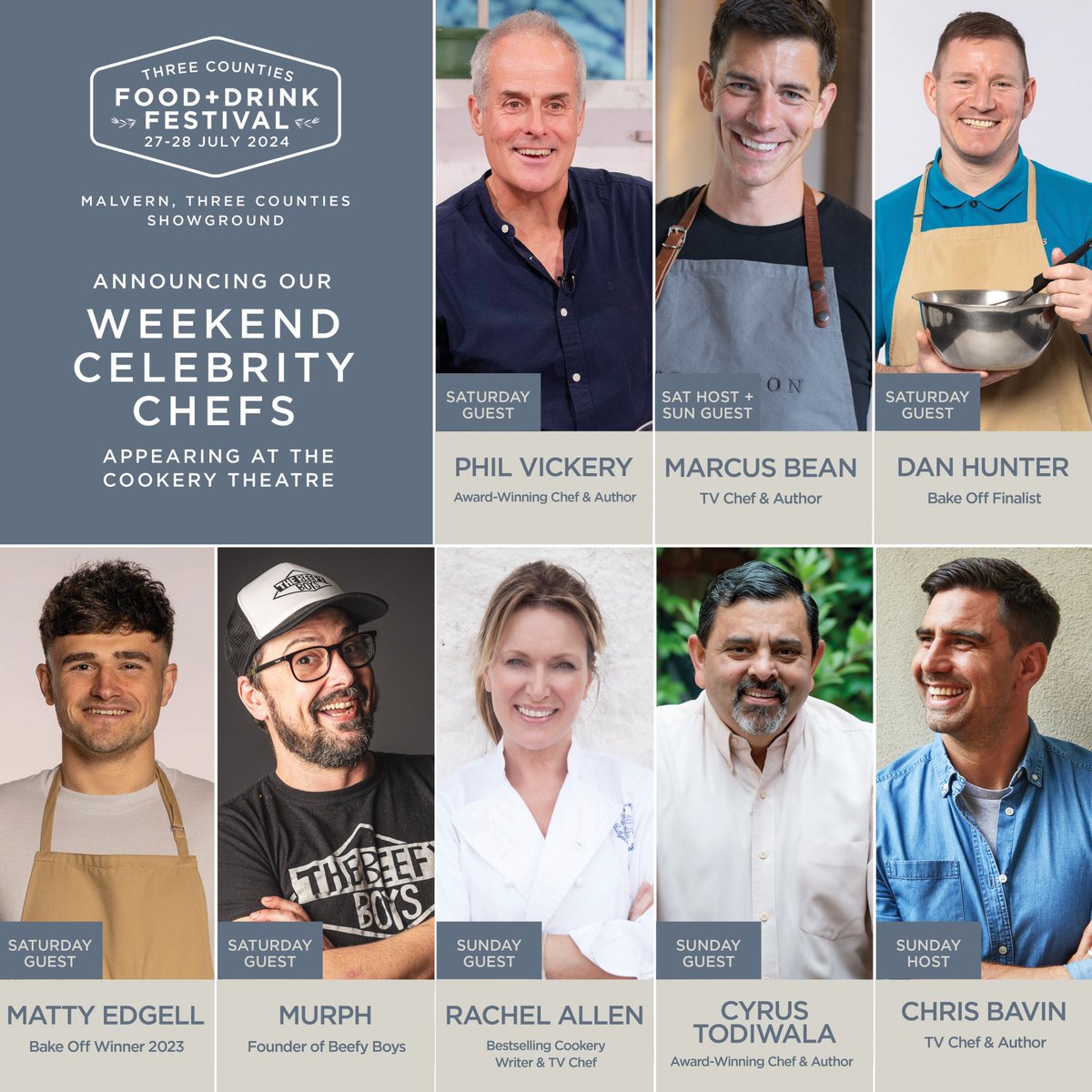 Our full lineup for <a href="/ThreeCountFADF/">Three Counties Food and Drink Festival</a> <a href="/3countiesshows/">Three Counties</a> Three Counties Showground, Malvern. Tickets on sale now from just £12 includes entry to our Cookery Theatre, brilliant content &amp; features &amp; so many traders for fabulous shopping! 🛍️ don’t miss it! Buy tickets 
 🎟️🎟️ link in bio!
