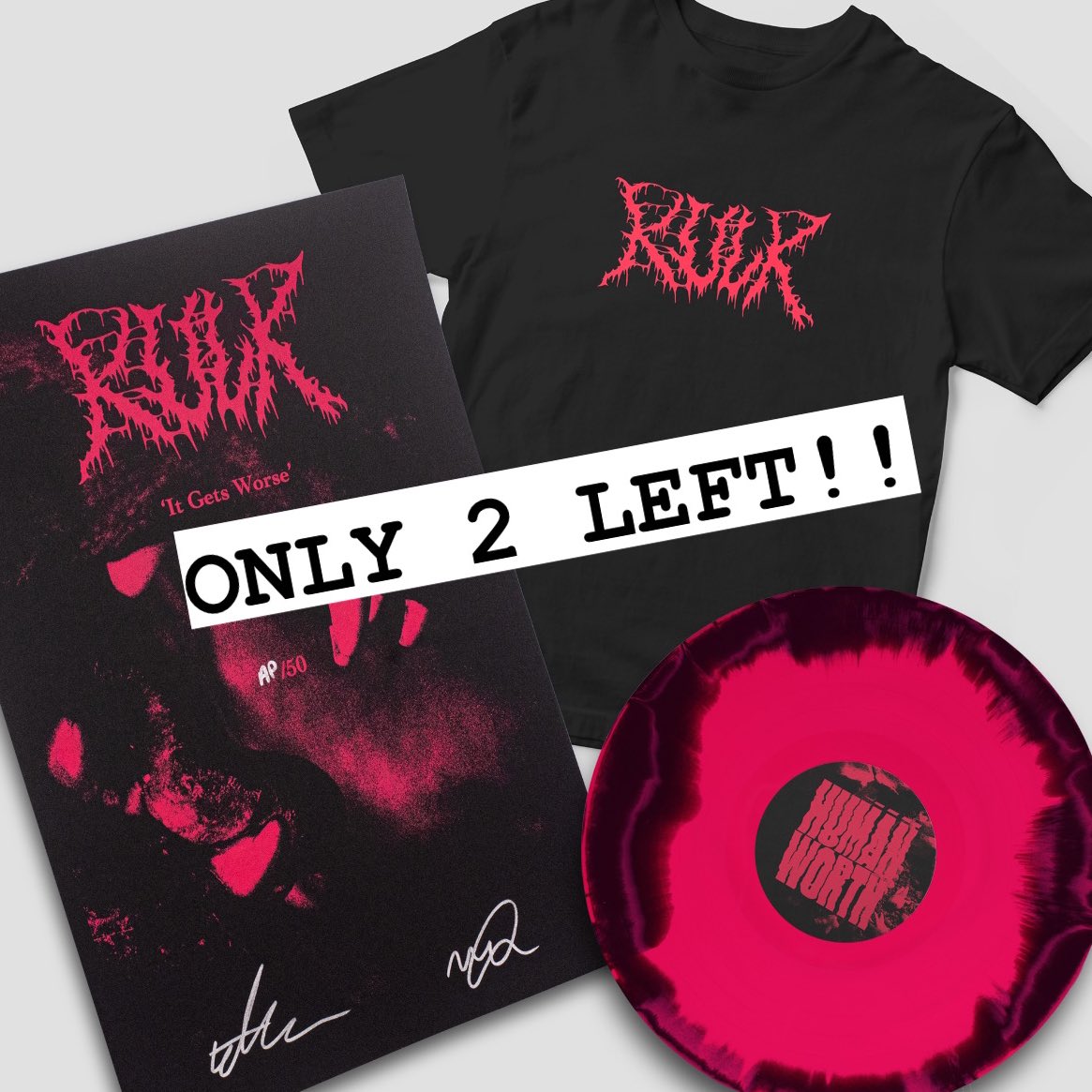 *Edit: SOLD OUT!! Fear not, we still have the stunning LP + T-shirt Bundles left, but don’t wait around!* Almost Gone!! 🤯🖤🔥 Last 2 copies of the @kulkband signed screenprinted outer sleeve bundles w/ screenprinted t-shirt – Don’t dilly-dally people!! kulk.bandcamp.com/album/it-gets-…