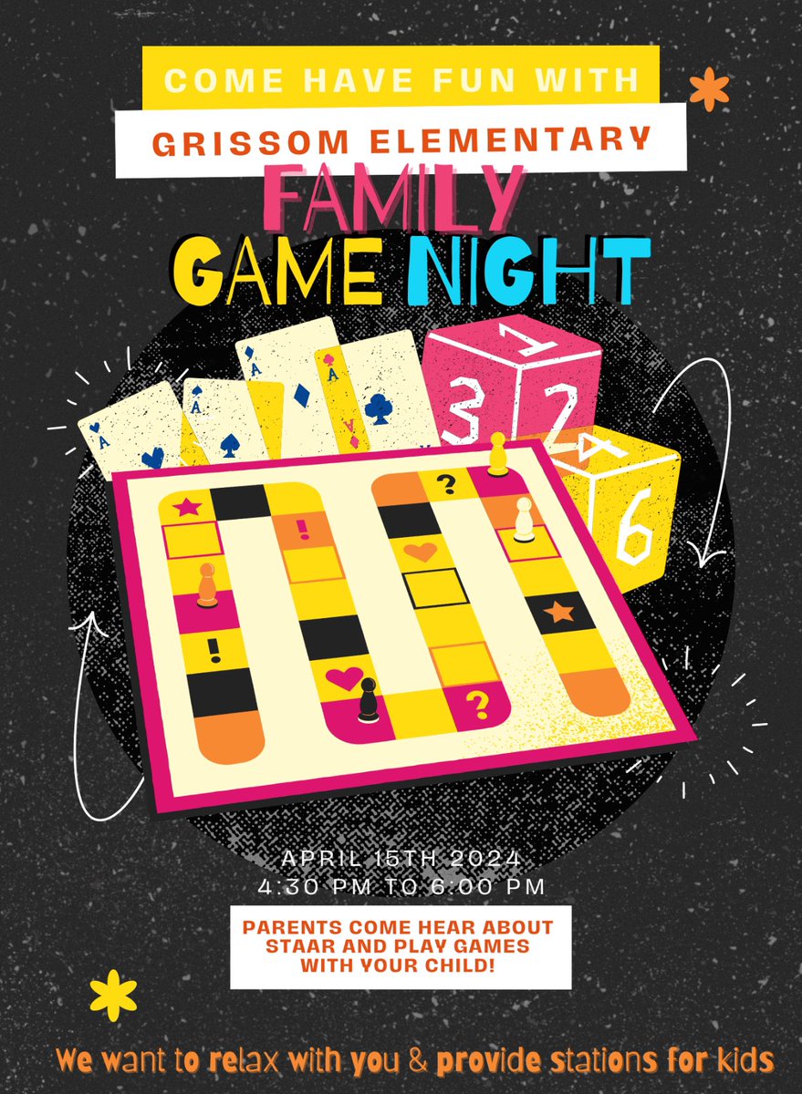 Come out parents & students to unwind and relax with some amazing hands on academic games before the STAAR test begins! April 15th is the evening to be in the building because it’s going to be FUN merged with LEARNING. Can’t wait to see you all! 🚀 @GrissomHISD @Ms_KimKiser