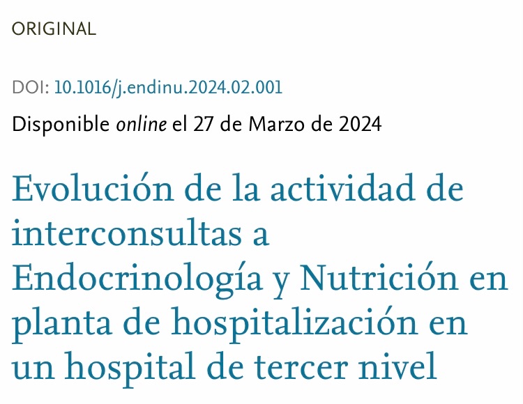 Conclusiones:
“El servicio de Endocrinologia y Nutrición es el que más pacientes atiende en régimen de IC hospitalaria, con un crecimiento a lo largo de los últimos años mayor que el resto de las especialidades médicas. La patología nutricional es el principal motivo de IC”.