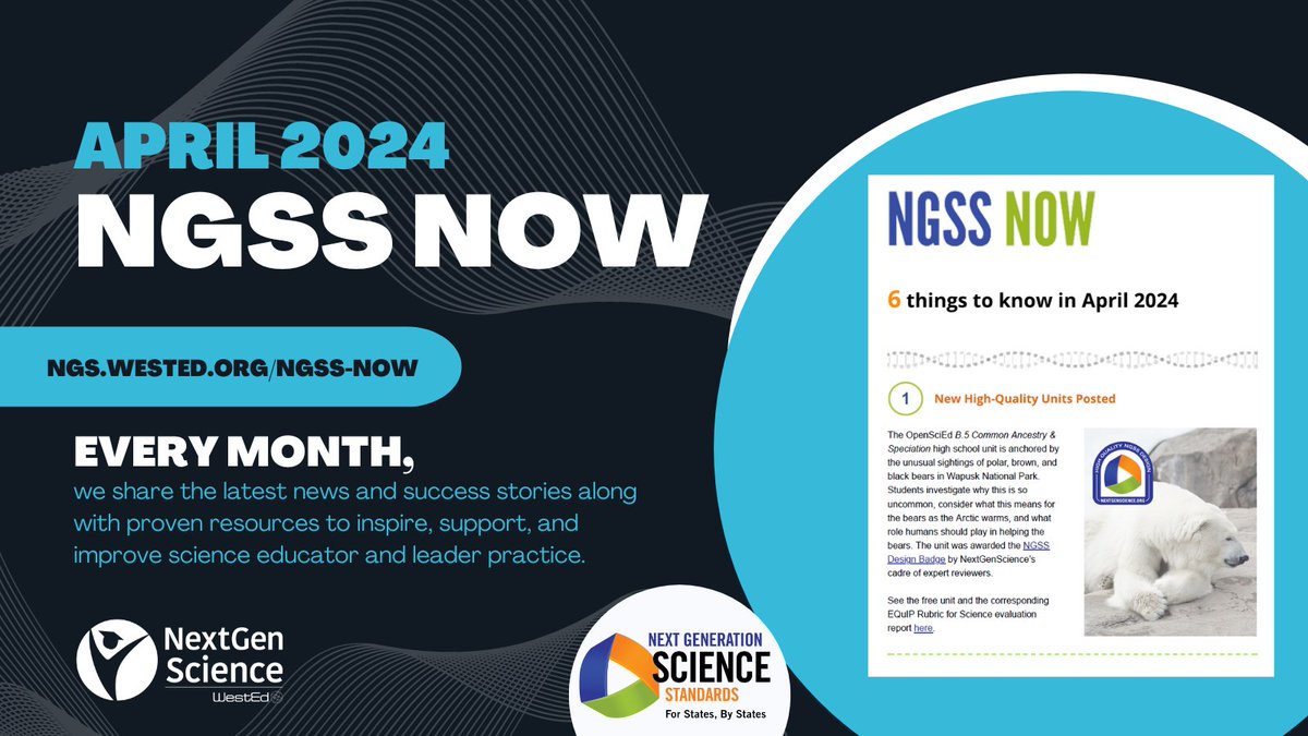 Check out this month's #NGSSNow newsletter: nextgenscience.org/news/april-202… It features six resources related to high-quality science education from: @openscied @AstroSocietyPac @STEMTeachTools @educationweek @TheNASEM @JRSTpub